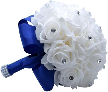 Crystal Diamond Silk Roses Wedding Bouquet Blue
