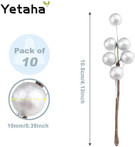 Yetaha 10 Pcs Artificial Holly Berries with Silver Fruits