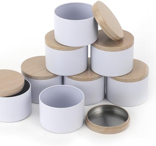 NEXBEXES 24PCS 8oz White Candle Tins with Wood Grain Metal Lids