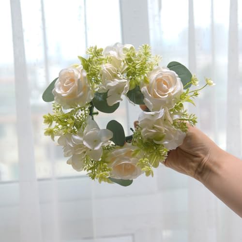 2 Pcs Artificial Rose and Hydrangea Candle Wreaths 3 Inch Center White