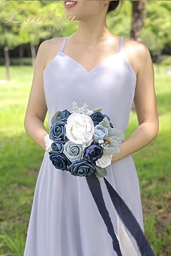 Lookein 4pcs 7 Inch Artificial Bridesmaid Bouquets Navy Blue