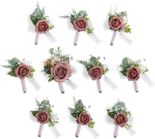 TINGE TIME Artificial Dusty Rose Champagne Boutonniere Set of 10