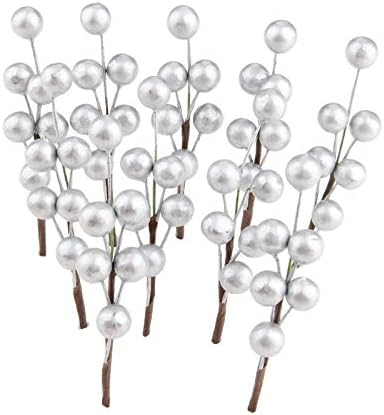 Yetaha 10 Pcs Artificial Holly Berries with Silver Fruits