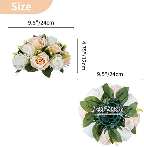 NUPTIO 6 Piece Champagne White Fake Flower Arrangement Bouquet with Base