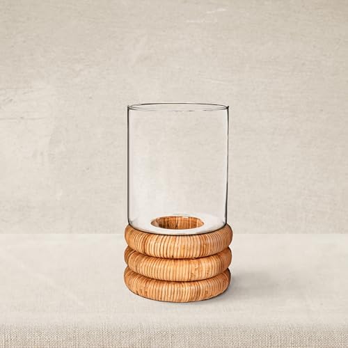 Creative Co Op Glass Hurricane Vase with Woven Rattan Base Small