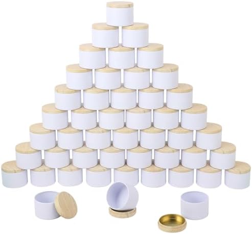 48-Pack 4 OZ White Metal Candle Tins with Wood Grain Lids