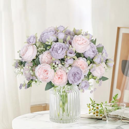 SOMYTING Artificial Peonies Flowers Bouquet Purple and Pink 2PCS