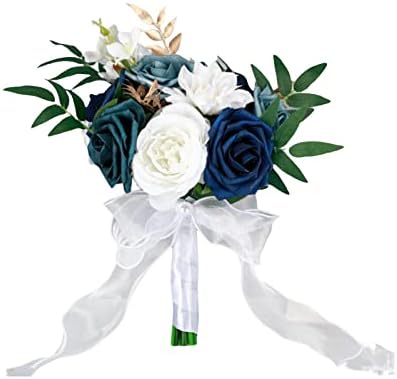 Elegant Blue White Bridal Bouquet with Ribbon