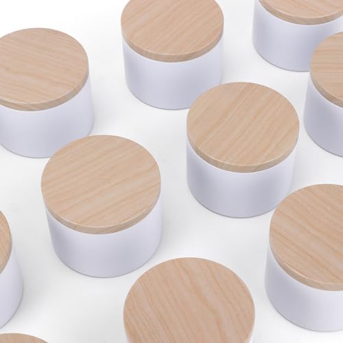 NEXBEXES 24PCS 8oz White Candle Tins with Wood Grain Metal Lids