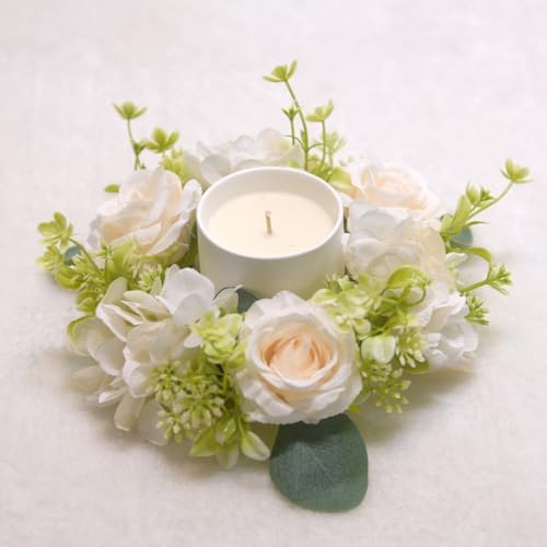 2 Pcs Artificial Rose and Hydrangea Candle Wreaths 3 Inch Center White