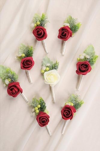 HIALTODAY 8Pcs Men Red Rose Boutonnieres Wedding Supplies