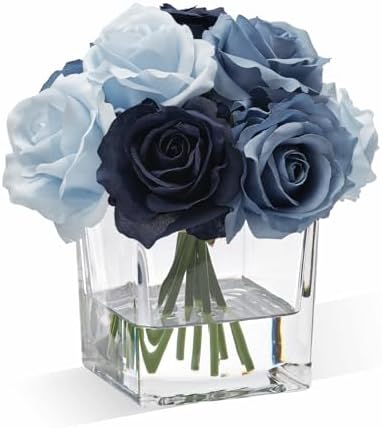 Silk Rose Artificial Flowers in Blue Vase with Faux Water