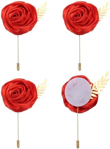 Uxcell 4pcs Red Rose Boutonnieres with Leaf for Formal Events