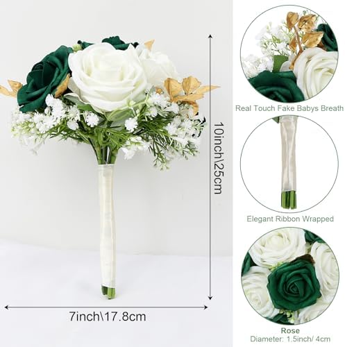 Wedding Bridesmaid Bouquet Set of 4 Artificial Flowers Emerald White Gold