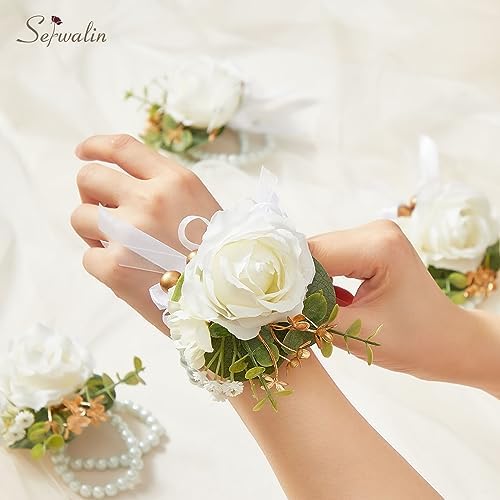 Serwalin 6Pcs White Prom Corsage Wristlet Set