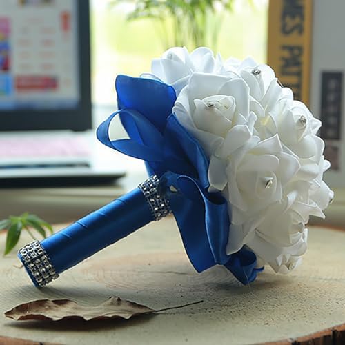 Crystal Diamond Silk Roses Wedding Bouquet Blue