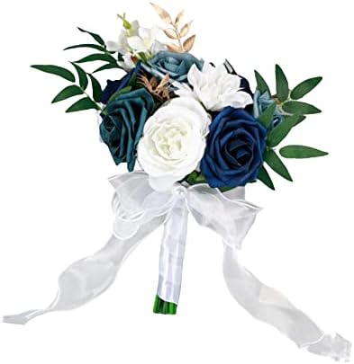 Elegant Blue White Bridal Bouquet with Ribbon