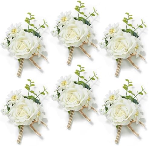 Serwalin 6PCS Ivory Rose Boutonniere for Men Wedding Groomsmen