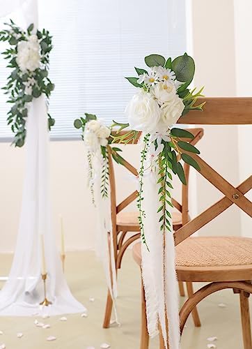 Wedding Chair Decorations 8pcs Artificial Flowers with Chiffon Ribbons