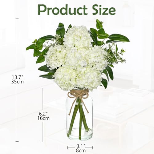 Hollyone Artificial Hydrangea Flowers with Clear Glass Vase