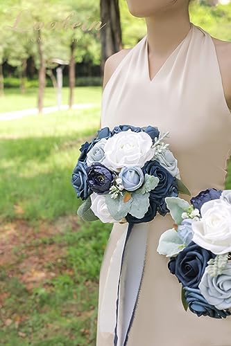 Lookein 4pcs 7 Inch Artificial Bridesmaid Bouquets Navy Blue