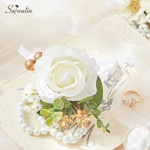 Serwalin 6Pcs White Prom Corsage Wristlet Set