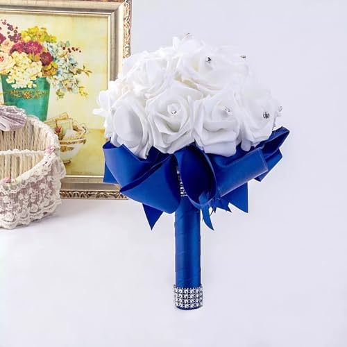 Crystal Diamond Silk Roses Wedding Bouquet Blue