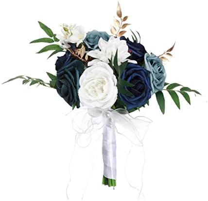 Elegant Blue White Bridal Bouquet with Ribbon