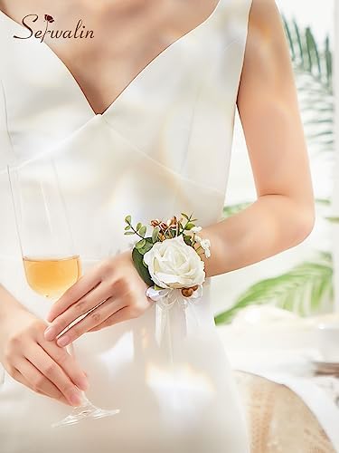 Serwalin 6Pcs White Prom Corsage Wristlet Set