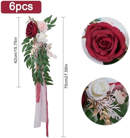 6PCS Wedding Artificial Aisle Chair Flowers Decor with Chiffon Ribbons