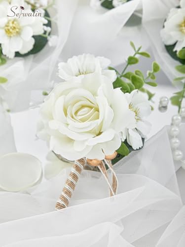 Serwalin 6PCS Ivory Rose Boutonniere for Men Wedding Groomsmen