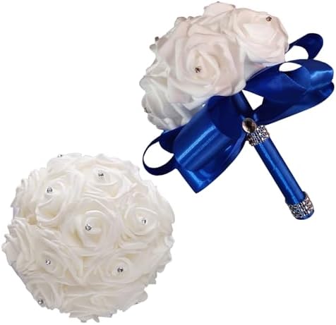 Crystal Diamond Silk Roses Wedding Bouquet Blue