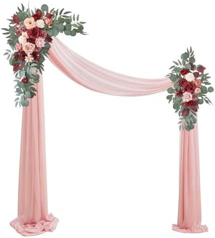 Artificial Wedding Arch Flowers Kit with 3 Pieces and Chiffon Drape