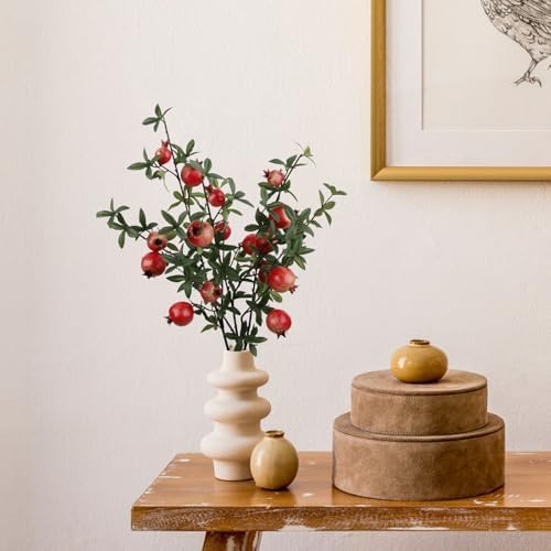 4PCS Faux Pomegranate Flower Bouquet Artificial Flowers with Green Leaves