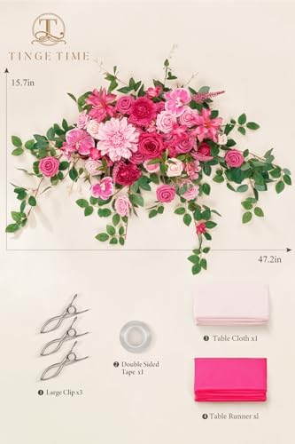 TINGE TIME Artificial Sweetheart Flower Swag Set with Tablecloth and Runner Hot Pink