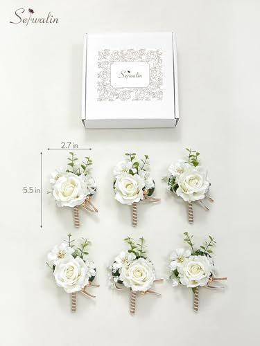 Serwalin 6PCS Ivory Rose Boutonniere for Men Wedding Groomsmen