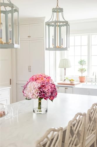 Hollyone Realistic Pink Hydrangea Artificial Flowers in Glass Vase