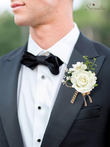 Serwalin 6PCS Ivory Rose Boutonniere for Men Wedding Groomsmen