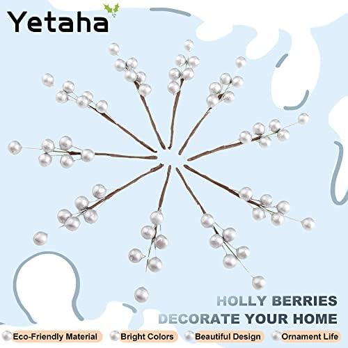 Yetaha 10 Pcs Artificial Holly Berries with Silver Fruits