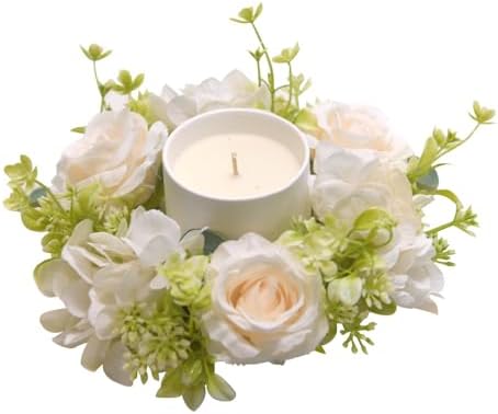 2 Pcs Artificial Rose and Hydrangea Candle Wreaths 3 Inch Center White
