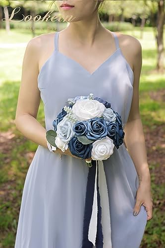 Lookein 4pcs 7 Inch Artificial Bridesmaid Bouquets Navy Blue