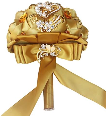 Gold Rhinestone Brooch Wedding Bouquet with Satin Roses and Crystals