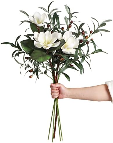 White Silk Magnolia Flowers and Olive Branches Artificial Flower Set for Vases