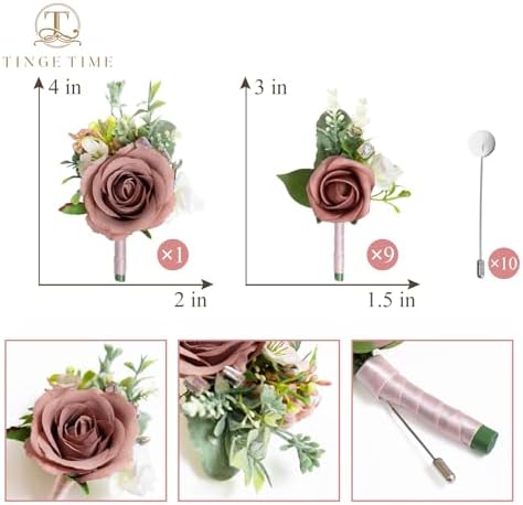 TINGE TIME Artificial Dusty Rose Champagne Boutonniere Set of 10