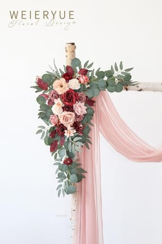 Artificial Wedding Arch Flowers Kit with 3 Pieces and Chiffon Drape