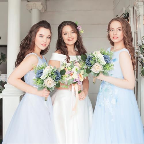 SEMONONIA 6 Piece Bridesmaid Bouquets Set - 7 Inch Artificial Flowers