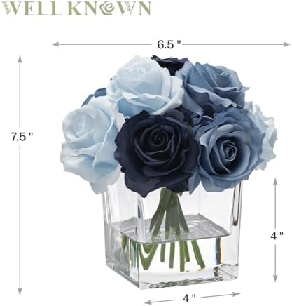 Silk Rose Artificial Flowers in Blue Vase with Faux Water