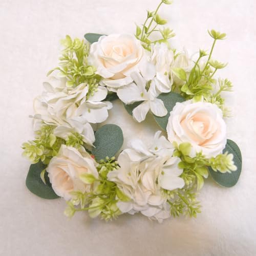 2 Pcs Artificial Rose and Hydrangea Candle Wreaths 3 Inch Center White
