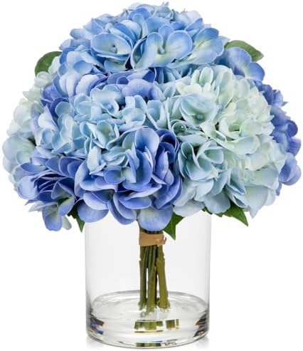 Hollyone Realistic Artificial Hydrangea Flowers in Glass Vase