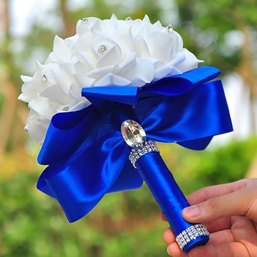 Crystal Diamond Silk Roses Wedding Bouquet Blue